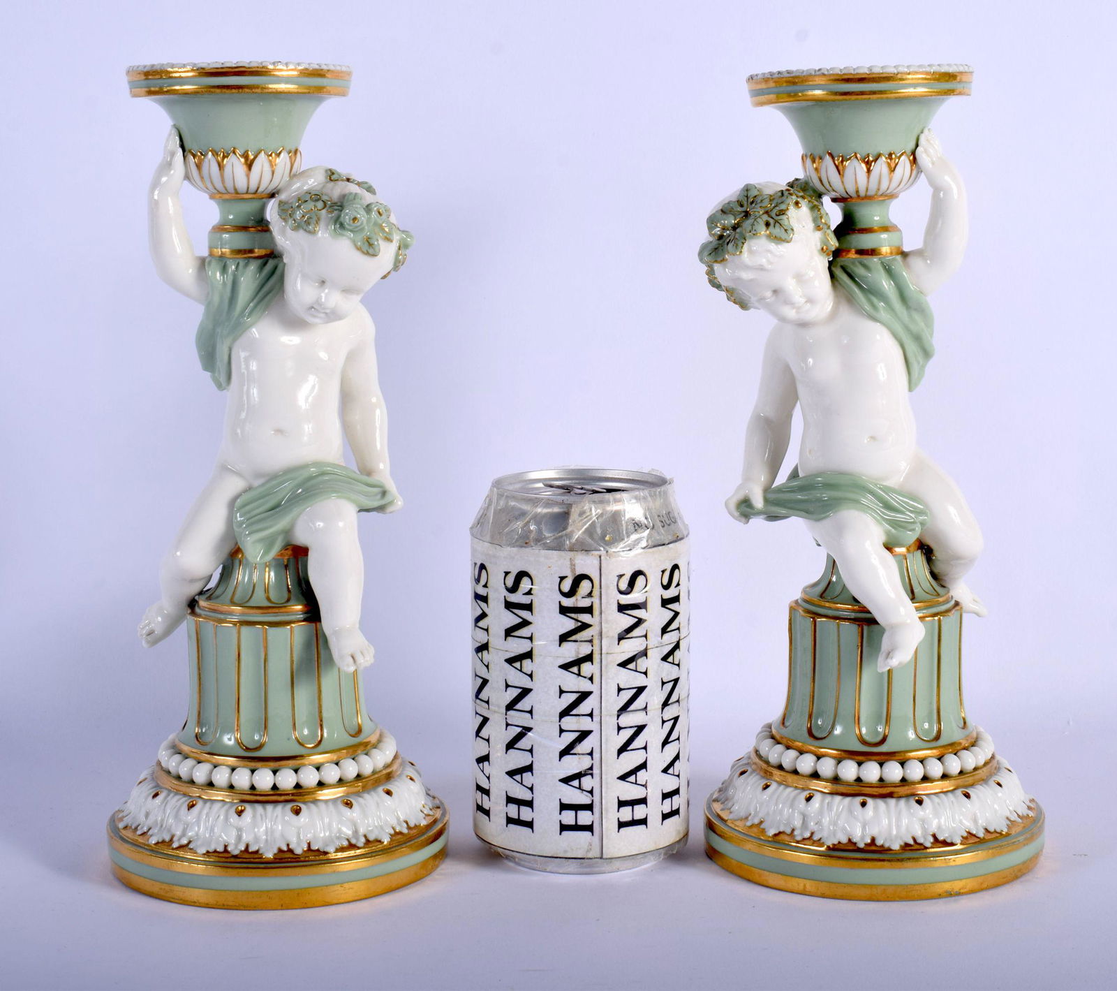 MINTON PAIR OF SEVRES STYLE CHERUB CELADON CANDLESTICKS (1 of 3)