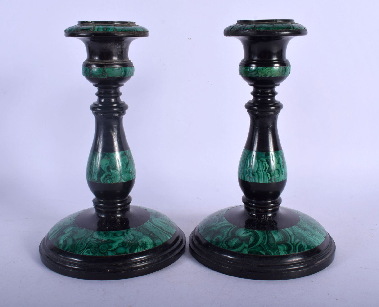 A PAIR OF VICTORIAN MARBLE AND MALACHITE CANDLESTICKS. (1 of 4)