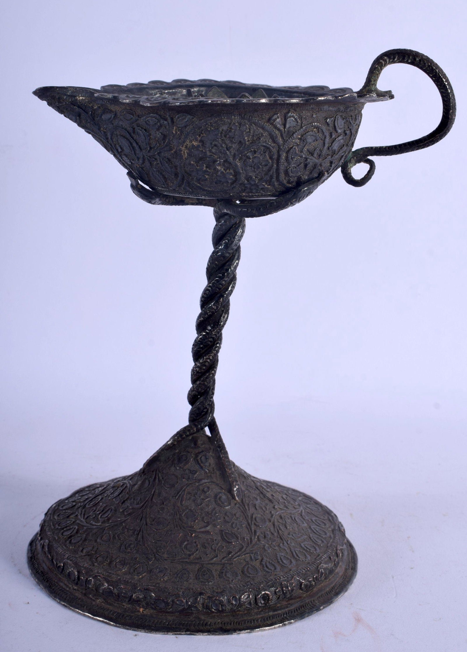 AN ANTIQUE MIDDLE EASTERN PERSIAN MIXED ALLOY OIL LAMP. (1 of 5)