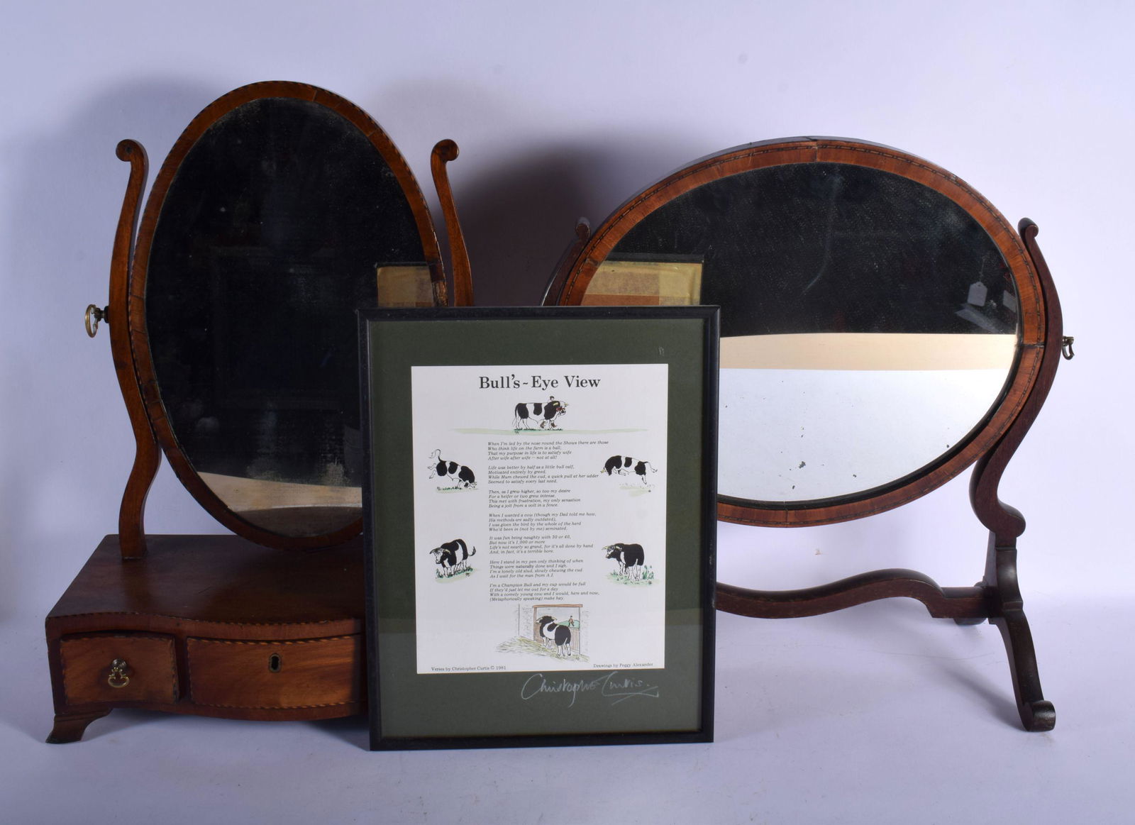 TWO ANTIQUE DRESSING TABLE MIRRORS and a framed print.: TWO ANTIQUE DRESSING TABLE MIRRORS and a framed print. Largest 44 cm x 52 cm. (3)