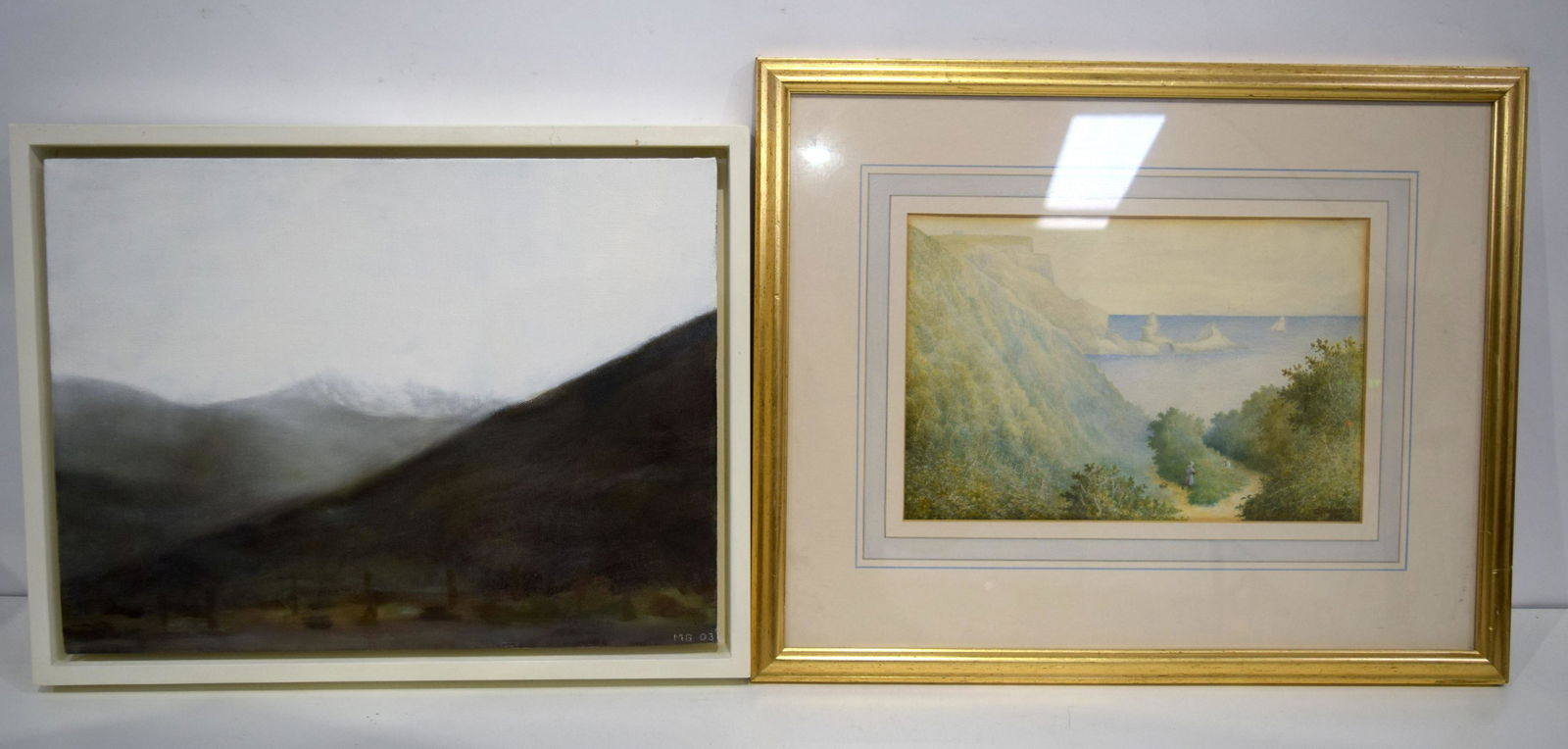 A framed oil on canvas by Mary Grant entitled "Road to: A framed oil on canvas by Mary Grant entitled "Road to Sterling" together with a framed watercolour of a coastal scene 30 x 40 cm. (2)
