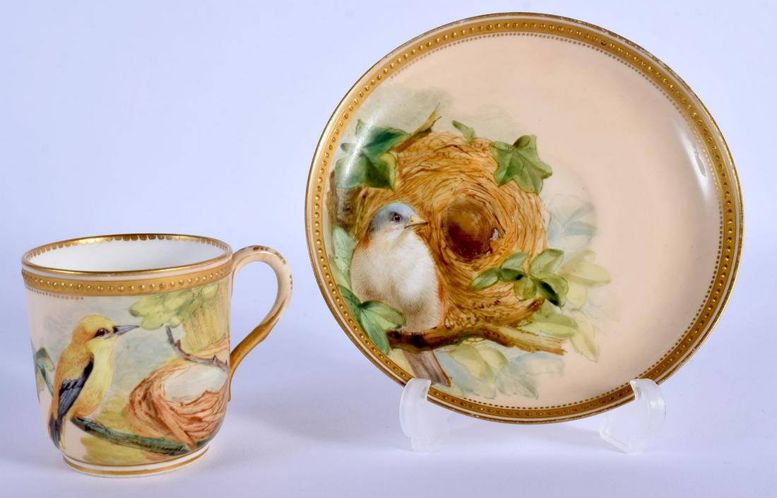 ROYAL WORCESTER FINE COFFEE CUP AND SAUCER PAINTED WITH BIRDS AND THEIR NESTS BY DAVID BATES, DATED: ROYAL WORCESTER FINE COFFEE CUP AND SAUCER PAINTED WITH BIRDS AND THEIR NESTS BY DAVID BATES, DATED 1874 NB. BATES LEFT ROYAL WORCESTER AND BECAME A VERY SUCCESSFUL OIL AND WATERCOLOUR PAINTER. Cup 6c