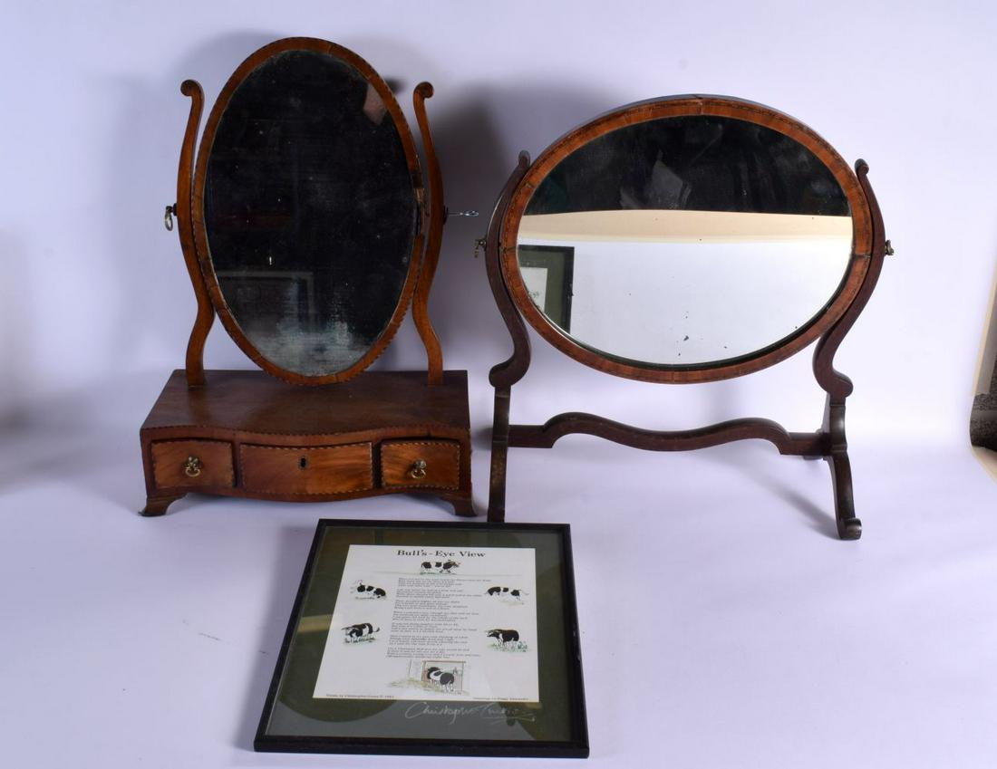 TWO ANTIQUE DRESSING TABLE MIRRORS and a framed print. Largest 44 cm x 52 cm. (3): TWO ANTIQUE DRESSING TABLE MIRRORS and a framed print. Largest 44 cm x 52 cm. (3)