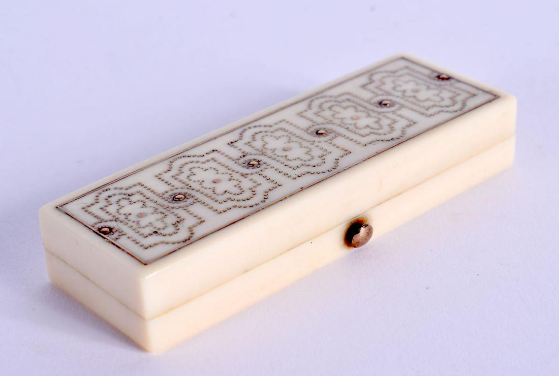 A FINE GEORGE III GOLD INLAID TOOTH PICK BOX. 6 cm x 2 cm.: A FINE GEORGE III GOLD INLAID TOOTH PICK BOX. 6 cm x 2 cm.