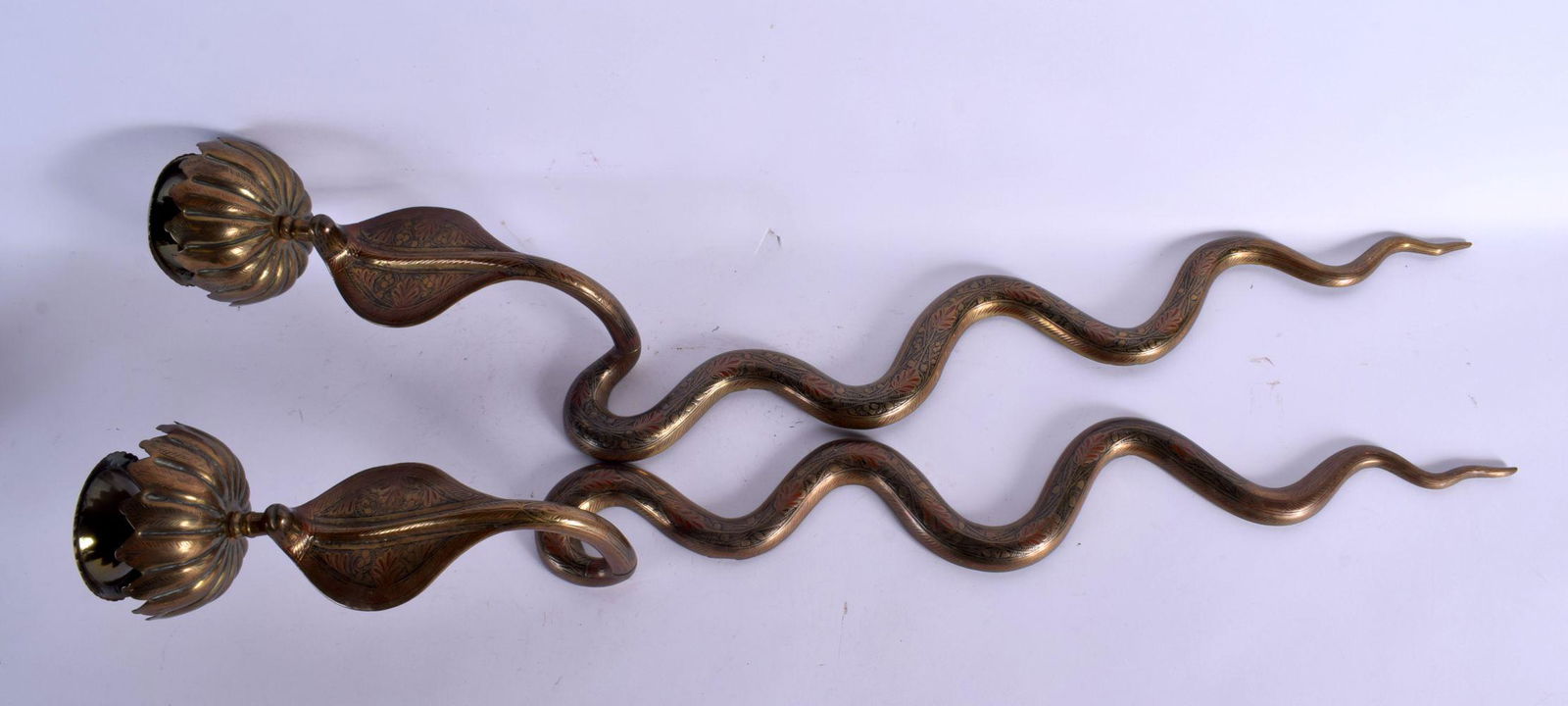 A LARGE PAIR OF VINTAGE BRASS COBRA CANDLESTICK WALL SCONCES. 70 cm long. (1 of 10)