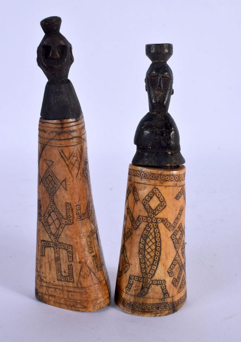 A RARE PAIR OF 19TH CENTURY TRIBAL BONE AND CARVED WOOD JARS decorated with reptiles. 13 cm high.: A RARE PAIR OF 19TH CENTURY TRIBAL BONE AND CARVED WOOD JARS decorated with reptiles. 13 cm high.