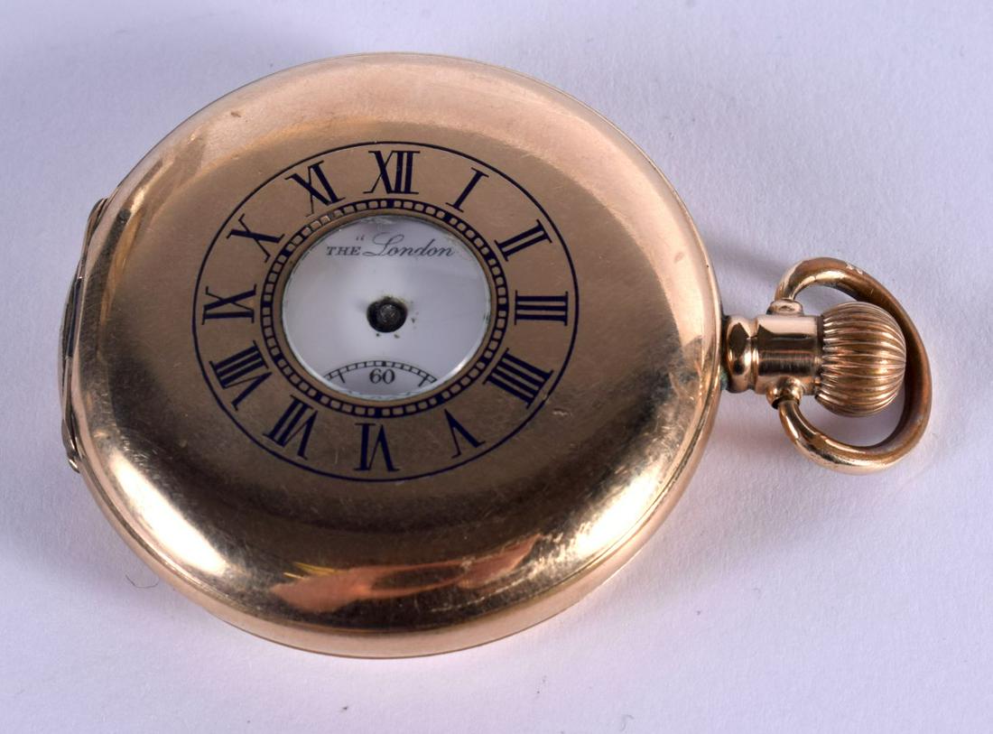A HALF HUNTER POCKET WATCH WITH A ROLEX MOVEMENT.  4.6cm diameter, weight 76g (1 of 3)