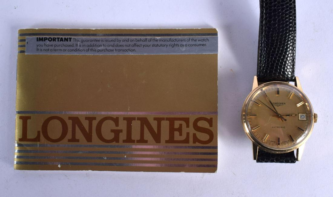 A 9CT GOLD LONGINES ULTRONIC WRISTWATCH. Dial 3.6cm incl crown, weight 44.3g: A 9CT GOLD LONGINES ULTRONIC WRISTWATCH. Dial 3.6cm incl crown, weight 44.3g