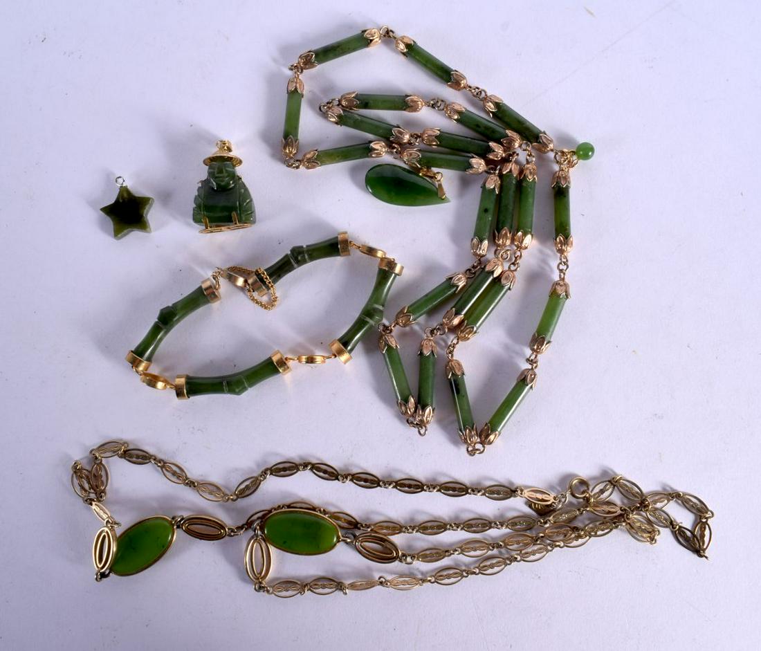 TWO JADE NECKLACES, A JADE BANGLE AND FOUR JADE PENDANTS.  Longest 82cm, total weight 88.4g (7) (1 of 4)