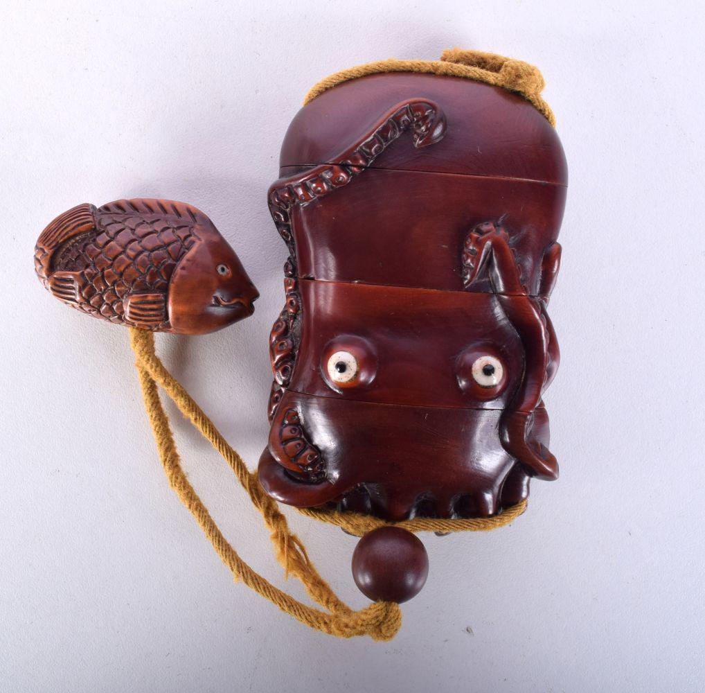 A JAPANESE HARDWOOD FOUR SECTION INRO DECORATED AS AN OCTOPUS.  9.5cm x 6.3cm, weight 86g (1 of 2)