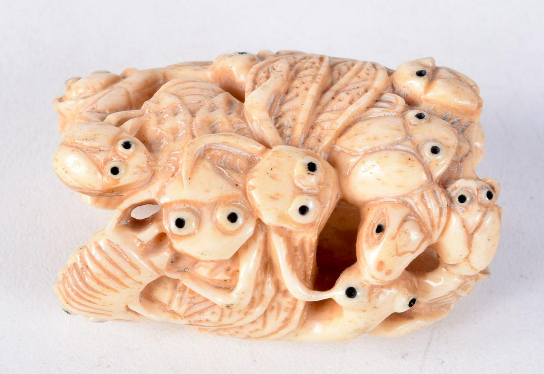 A JAPANESE BONE NETSUKE CARVED WITH INSECTS. 5cm x 3cm x 2.2cm, weight 28.8g: A JAPANESE BONE NETSUKE CARVED WITH INSECTS. 5cm x 3cm x 2.2cm, weight 28.8g
