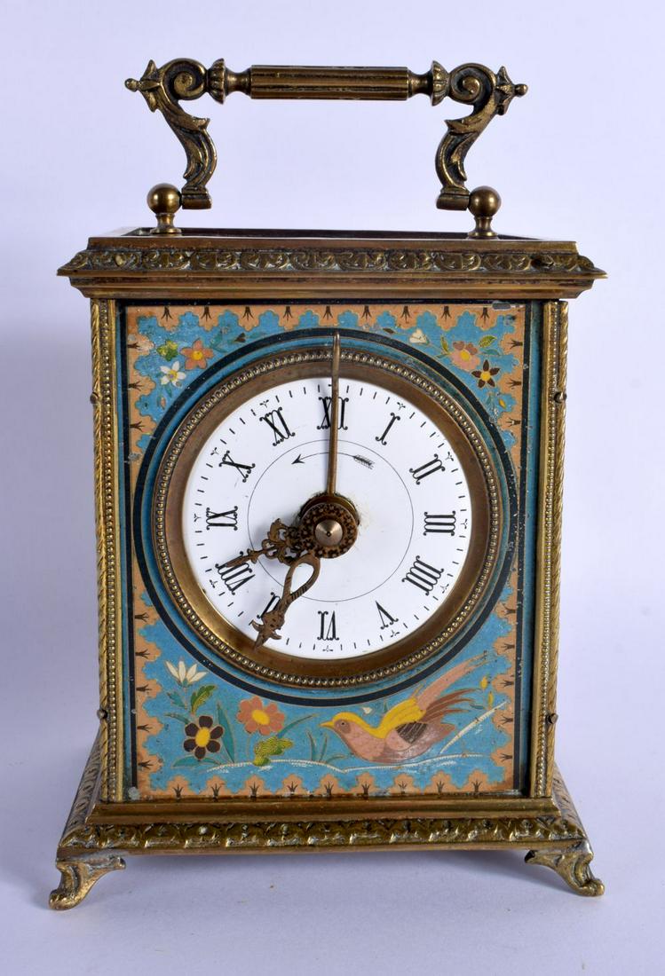 A CLOISONNE ENAMEL CARRIAGE CLOCK.  11.6cm x 8.7cm x 19cm(incl handle) (1 of 6)