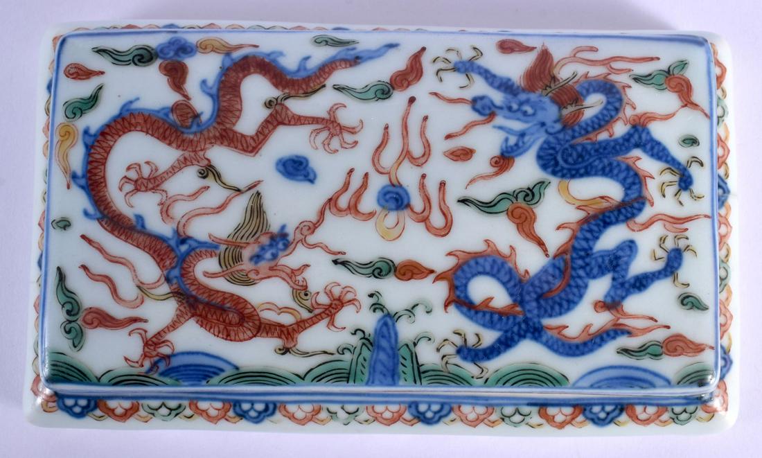 A CHINESE FAMILLE ROSE WUCAI PORCELAIN INK BOX AND COVER probably 19th century, bearing Wanli marks (1 of 5)
