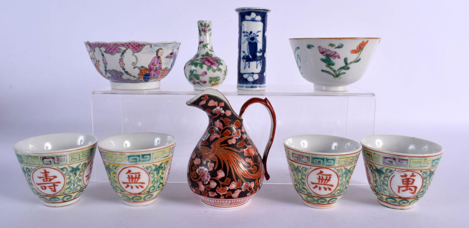 FOUR CHINESE REPUBLICAN PERIOD TEABOWLS together with a miniature Kangxi style blue and white vase e (1 of 7)