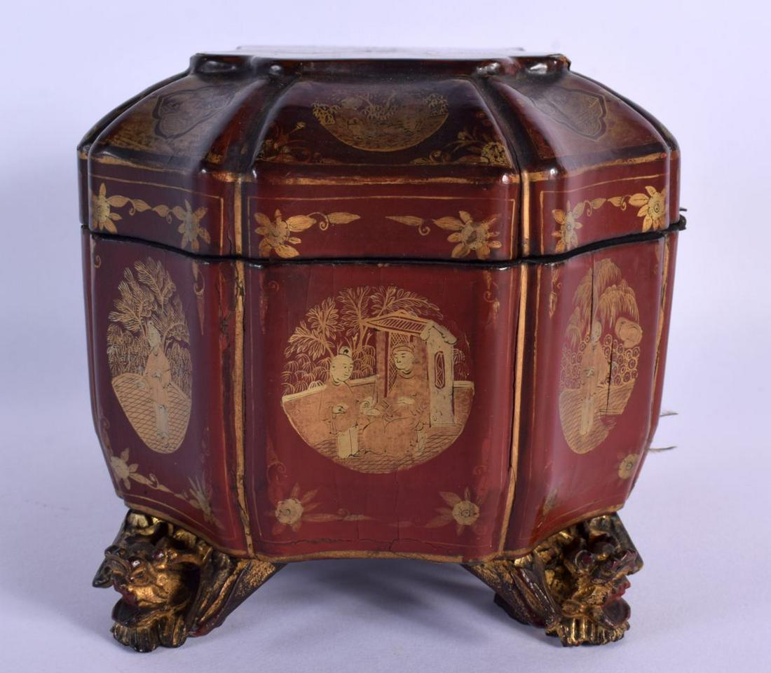 A LATE 18TH/19TH CENTURY CHINESE EXPORT LACQUERED TEA CADDY with pewter fittings. 18 cm x 11 cm. (1 of 7)