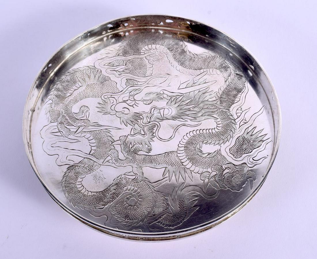 A 19TH CENTURY CHINESE SILVER OPEN WORK SILVER DRAGON STAND by Wang Hing. 318 grams. 19 cm diameter. (1 of 5)