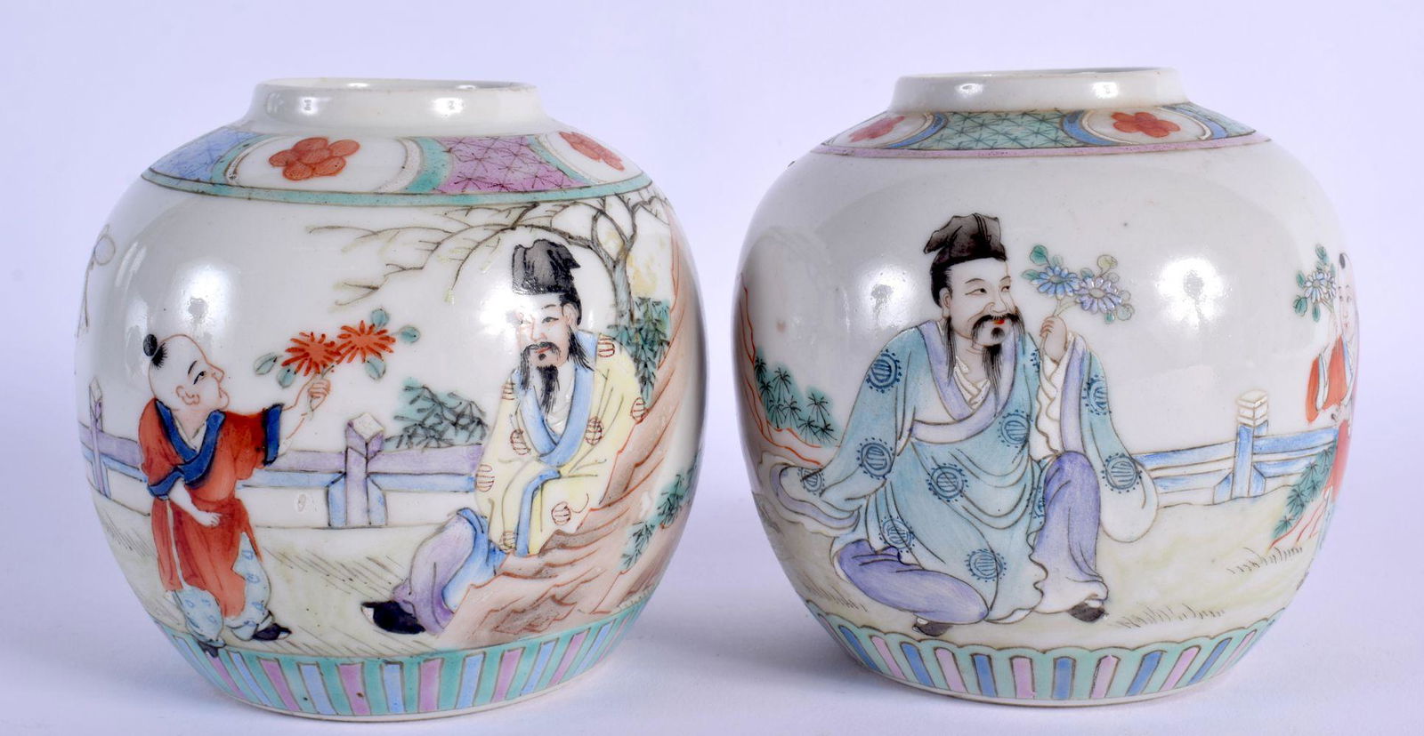 A PAIR OF EARLY 20TH CENTURY CHINESE FAMILLE ROSE GINGER JARS Guangxu. 9 cm x 11 cm. (1 of 4)