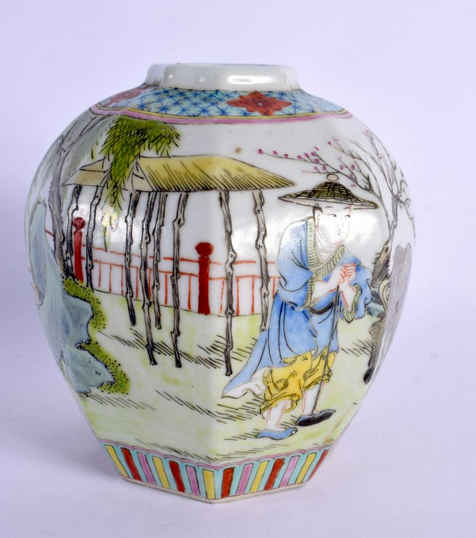 A LATE 19TH CENTURY CHINESE FAMILLE ROSE OCTAGONAL GINGER JAR bearing Kangxi marks to base. 13 cm x: A LATE 19TH CENTURY CHINESE FAMILLE ROSE OCTAGONAL GINGER JAR bearing Kangxi marks to base. 13 cm x 9 cm.