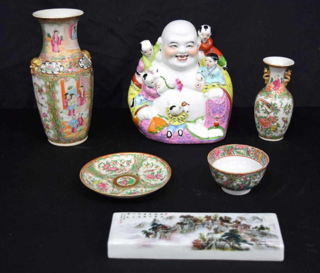 A collection of Chinese porcelain including a Famille Rose vase, a pottery glazed Buddha, teacup, sa (1 of 3)