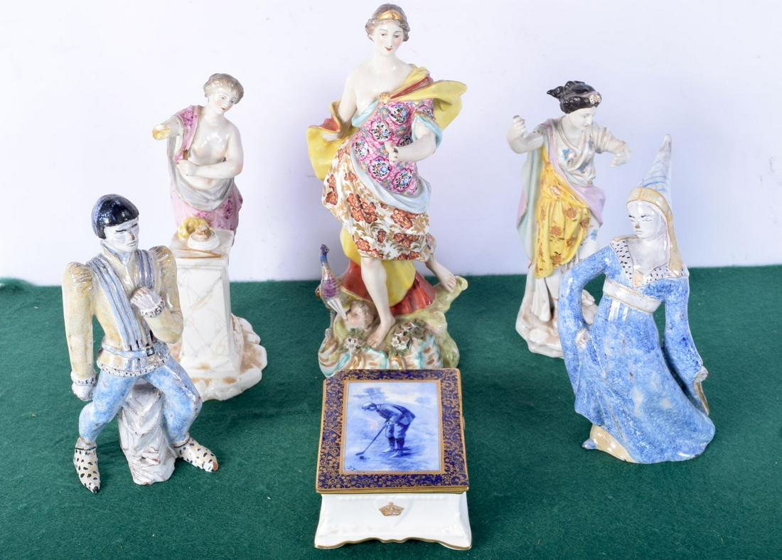 A pair of glazed terracotta figures of a medieval couple, together with three other continental porc (1 of 6)