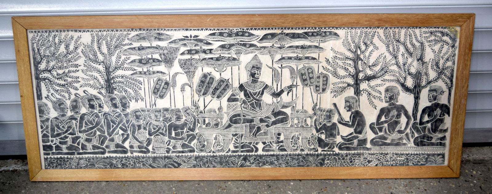 A large framed Cambodian Temple rubbing of Angkor Wat dated 1968. 55 x 159 cm (1 of 5)