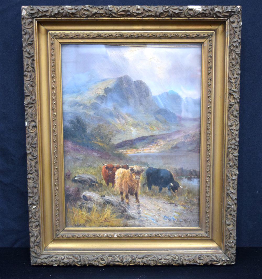 William Langley (1852-1922) framed oil on canvas of Highland cattle 29 x 39 cm .: William Langley (1852-1922) framed oil on canvas of Highland cattle 29 x 39 cm .