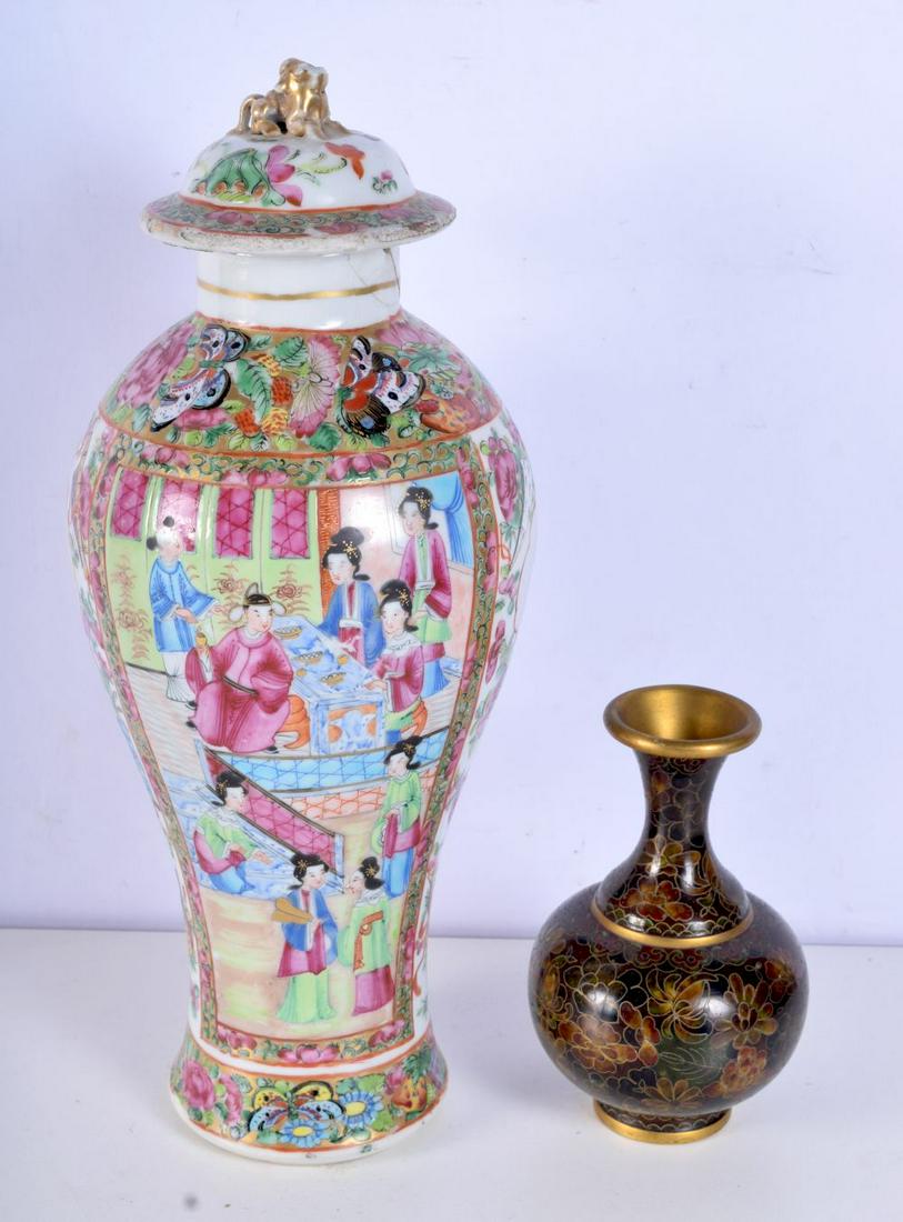 A Chinese Famille Rose vase together with a small Cloisonne enamelled vase 30 cm (2) (1 of 5)