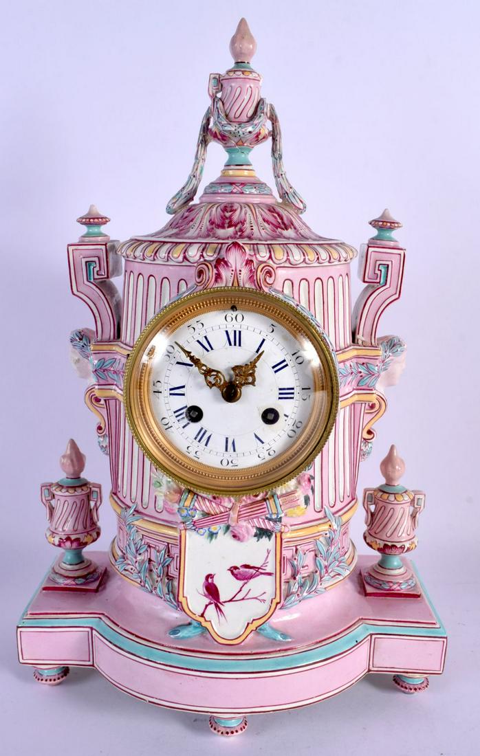 A 19TH CENTURY FRENCH PORCELAIN MANTEL CLOCK Gien. 35 cm x 15 cm.: A 19TH CENTURY FRENCH PORCELAIN MANTEL CLOCK Gien. 35 cm x 15 cm.