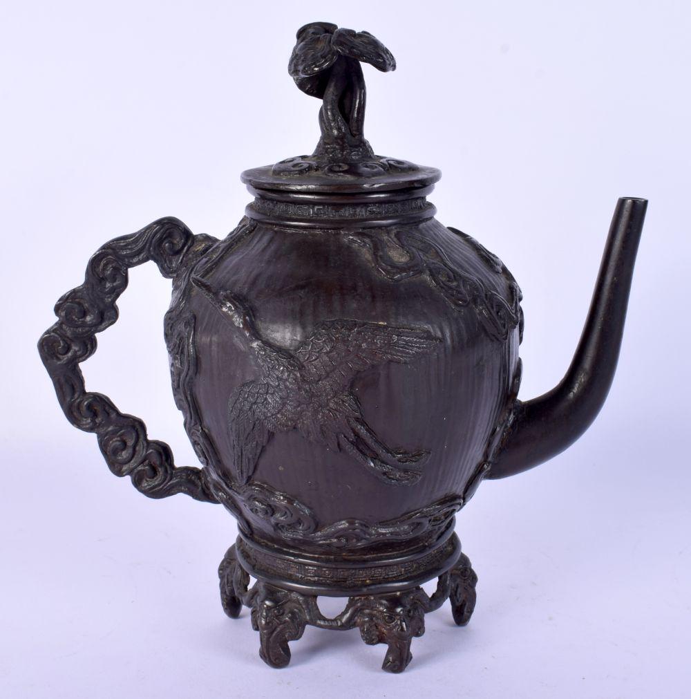 A RARE 19TH CENTURY JAPANESE MEIJI PERIOD BRONZE TEAPOT AND COVER overlaid with birds. 18 cm x 14 cm (1 of 6)