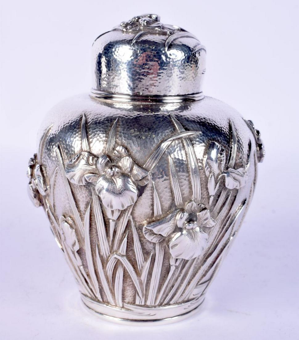 A 19TH CENTURY JAPANESE MEIJI PERIOD SILVER TEA CADDY AND COVER decorated with foliage. 235 grams. 1 (1 of 6)