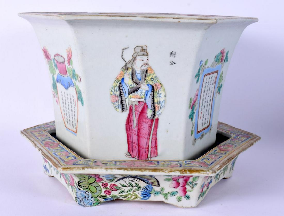 A RARE 19TH CENTURY CHINESE FAMILLE ROSE HEXAGONAL PLANTER ON STAND Wu Shang Pu, painted with figure (1 of 14)