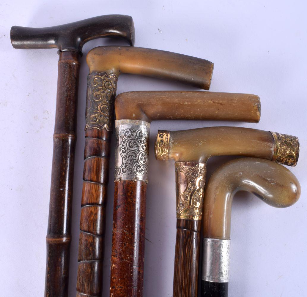 FIVE 19TH CENTURY MIDDLE EASTERN CARVED RHINOCEROS HORN HANDLED WALKING CANES. 90 cm long. (5) (1 of 3)