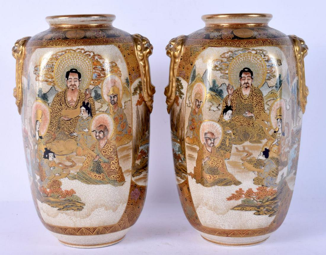 A PAIR OF 19TH CENTURY JAPANESE MEIJI PERIOD SATSUMA VASES painted with figures. 20 cm high. (1 of 6)
