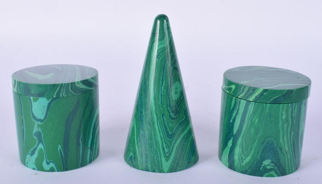 A PAIR OF VINTAGE CONTINENTAL MALACHITE BOXES AND COVERS together with a similar obelisk. Largest 9. (1 of 4)