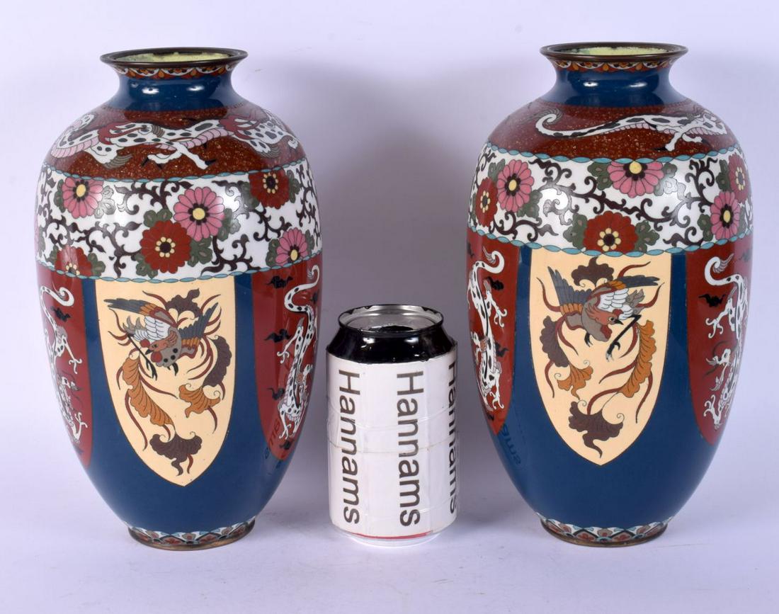 A LARGE PAIR OF 19TH CENTURY JAPANESE MEIJI PERIOD CLOISONNE ENAMEL VASES decorated with flowers and (1 of 5)