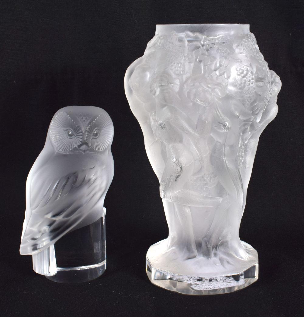 A FRENCH LALIQUE GLASS FIGURAL VASE together with a similar owl. Largest 14 cm high. (2) (1 of 4)