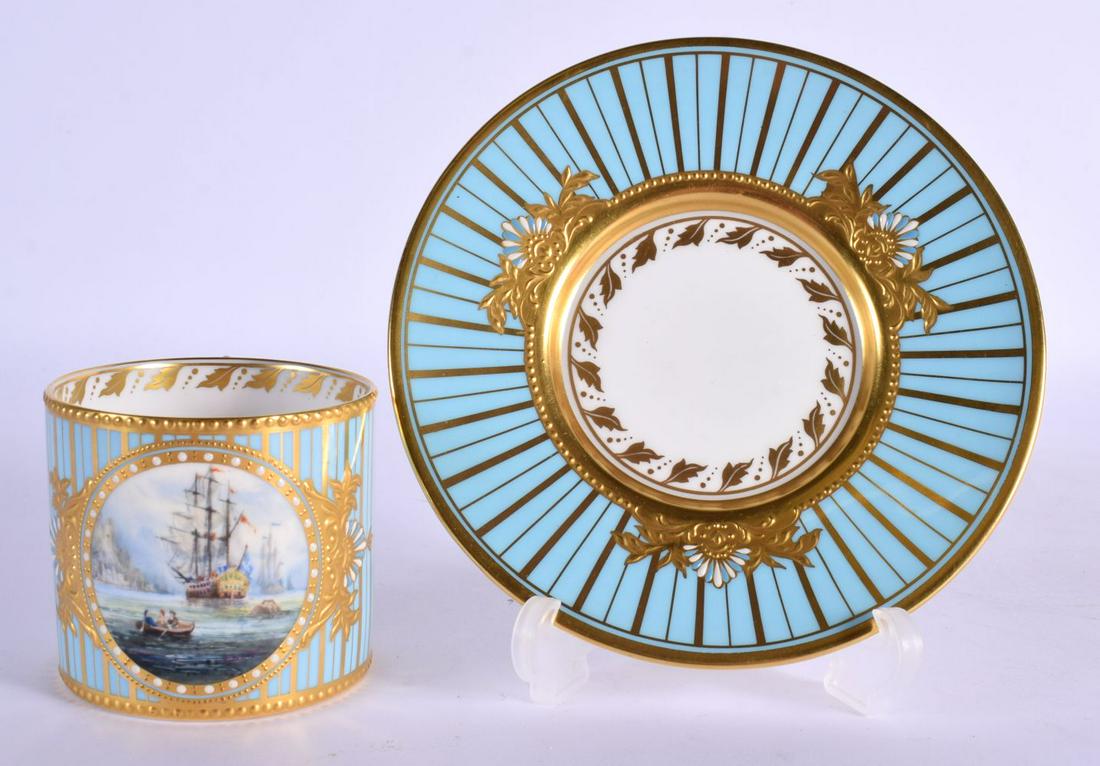 Lynton porcelain coffee can and stand, painted by Stefan Nowacki, signed & monogrammed, with raised (1 of 4)