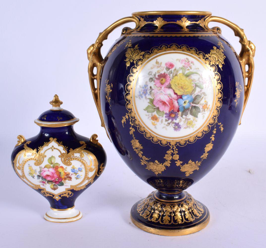 Early 20th c. Royal Crown Derby large vase painted with painted with flowers on a blue ground, signe (1 of 6)