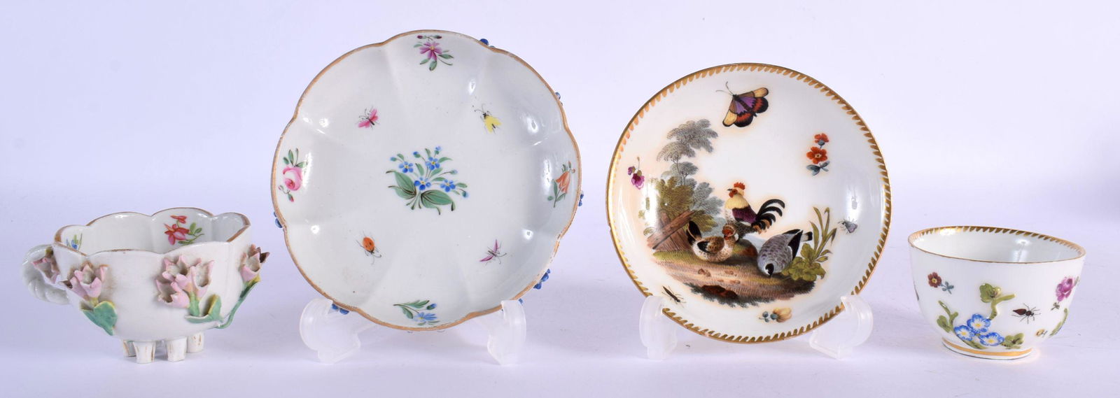 18th c. Meissen rare miniature teabowl and saucer painted with a cockerel hen and butterfly the body (1 of 3)