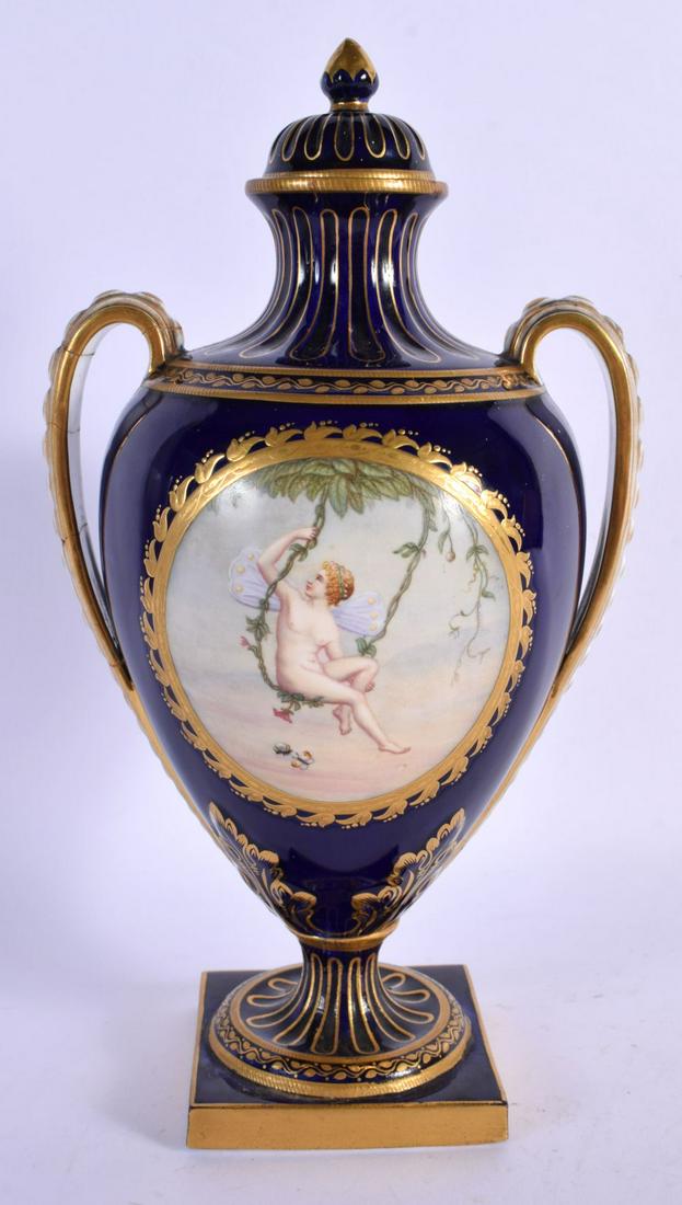 19th c. Minton vase and cover painted with an unclothed fairy swinging from a vine strongly attribut: 19th c. Minton vase and cover painted with an unclothed fairy swinging from a vine strongly attributed to Antonin Boullemier. 24.5cm high