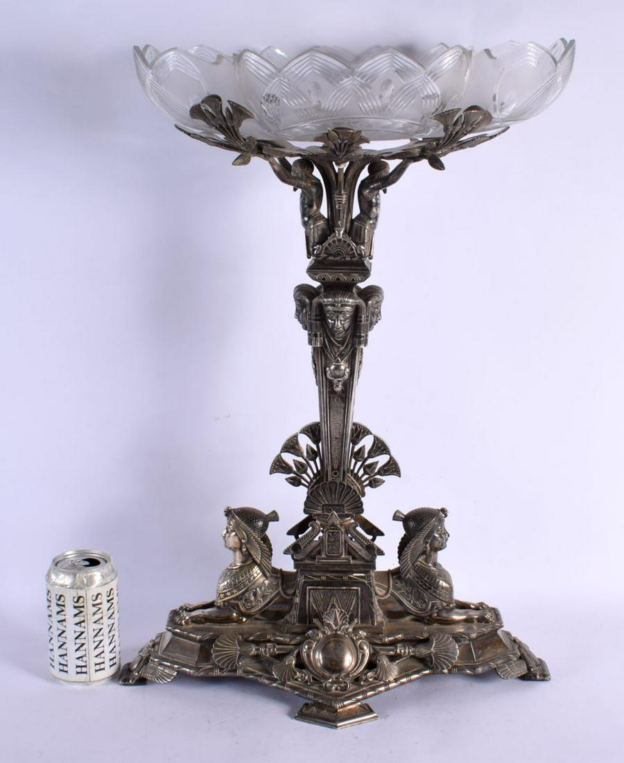 A LARGE 19TH CENTURY EGYPTIAN REVIVAL SILVER PLATED CUT GLASS CENTREPIECE. 60 cm x 28 cm. (1 of 14)