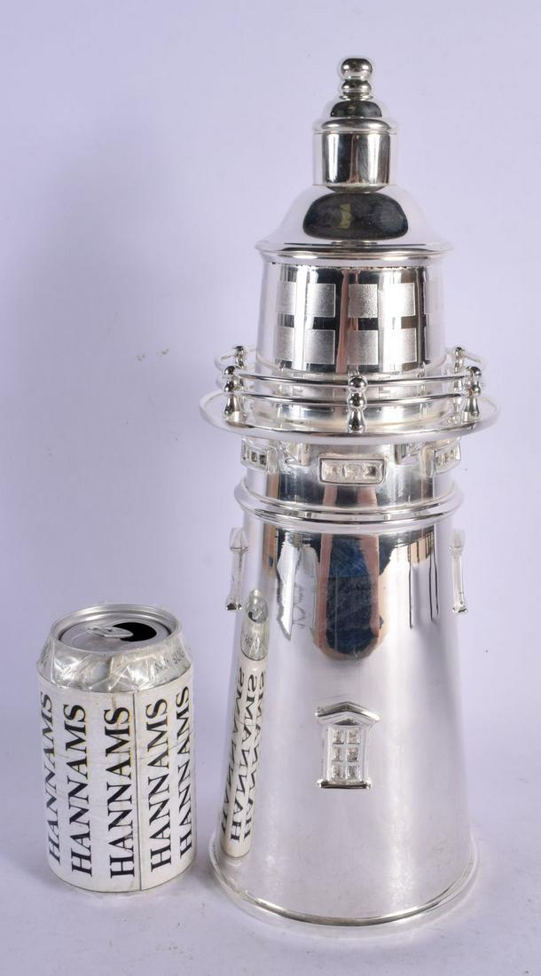 A LARGE CONTEMPORARY SILVER PLATED LIGHT HOUSE COCKTAIL SHAKER. 38 cm high. (1 of 4)