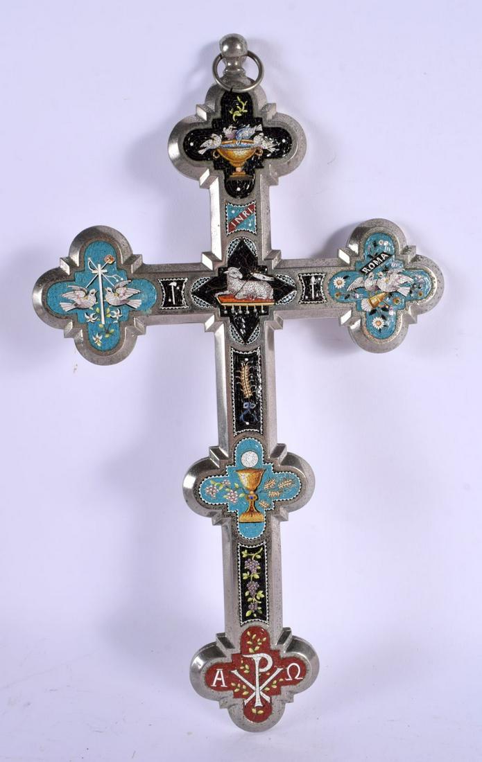 A 19TH CENTURY ITALIAN MICRO MOSAIC SILVER PLATED CRUCIFIX. 30 cm x 15 cm. (1 of 6)