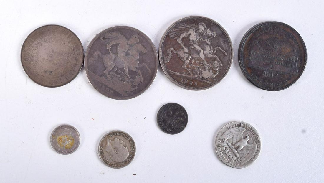 EIGHT SILVER COINS INCLUDING A BIRMINGHAM WORKHOUSE ONE POUND NOTE COIN. Total weight 105.9g (8): EIGHT SILVER COINS INCLUDING A BIRMINGHAM WORKHOUSE ONE POUND NOTE COIN. Total weight 105.9g (8)