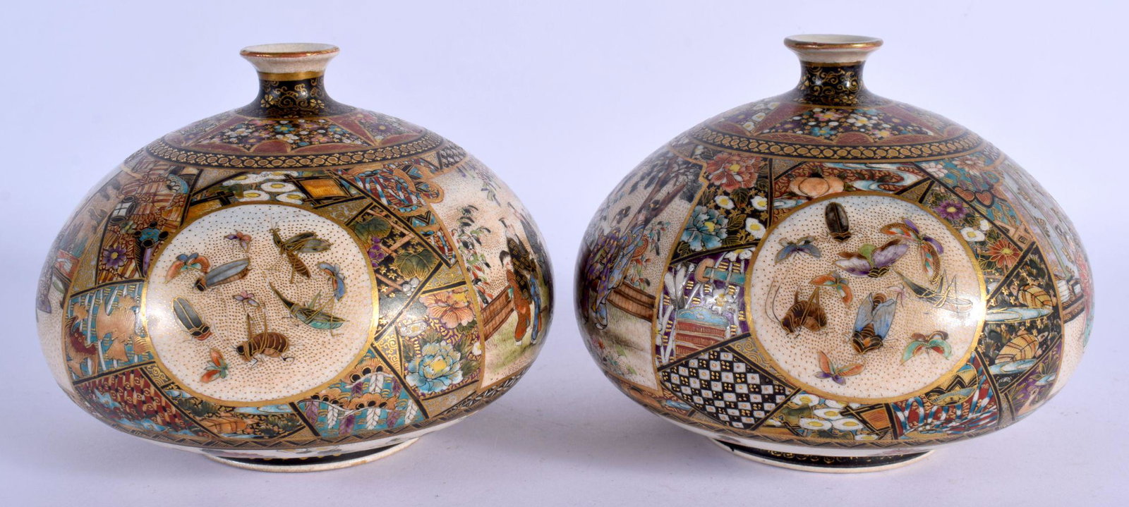 A RARE PAIR OF 19TH CENTURY JAPANESE MEIJI PERIOD SATSUMA VASES painted with figures and butterflies: A RARE PAIR OF 19TH CENTURY JAPANESE MEIJI PERIOD SATSUMA VASES painted with figures and butterflies. 11 cm x 11 cm.