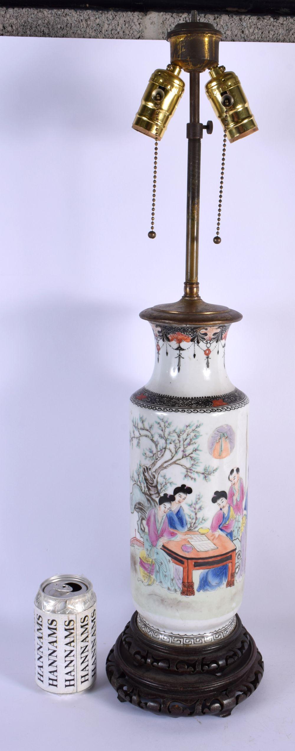 A CHINESE REPUBLICAN PERIOD FAMILLE ROSE ROULEAU VASE converted to a lamp. 66 cm high.: A CHINESE REPUBLICAN PERIOD FAMILLE ROSE ROULEAU VASE converted to a lamp. 66 cm high.