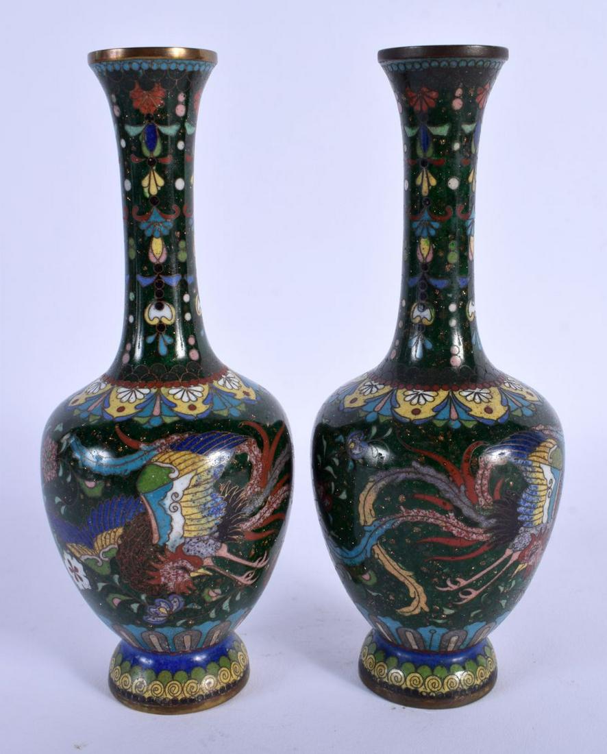 A PAIR OF LATE 19TH CENTURY JAPANESE MEIJI PERIOD CLOISONNE ENAMEL VASES decorated with birds. 16.5 (1 of 4)