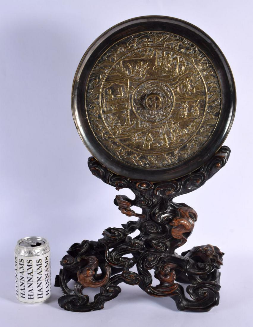 A RARE LARGE 19TH CENTURY CHINESE HONGMU AND BRONZE SCHOLARS MIRROR Qing. 50 cm x 30 cm. (1 of 8)