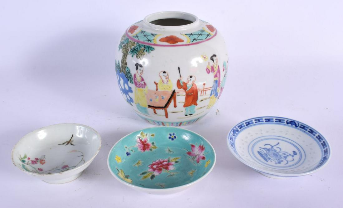 AN EARLY 20TH CENTURY CHINESE FAMILLE ROSE GINGER JAR together with a stem foot etc. Largest 13 cm x (1 of 7)