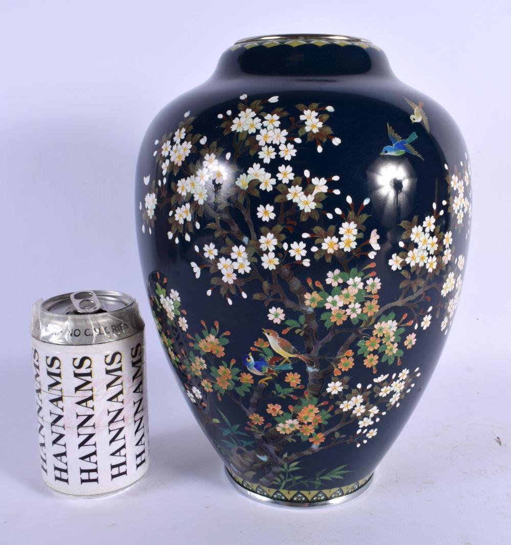 A LARGE EARLY 20TH CENTURY JAPANESE MEIJI PERIOD CLOISONNE ENAMEL VASE decorated with birds. 27 cm x (1 of 4)